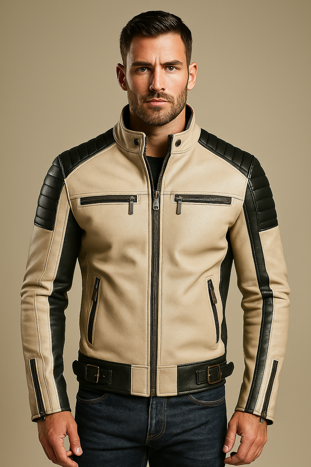 Men’s Beige and Black Leather Moto Jacket – Real Leather Quilted Shoulder Biker Jacket