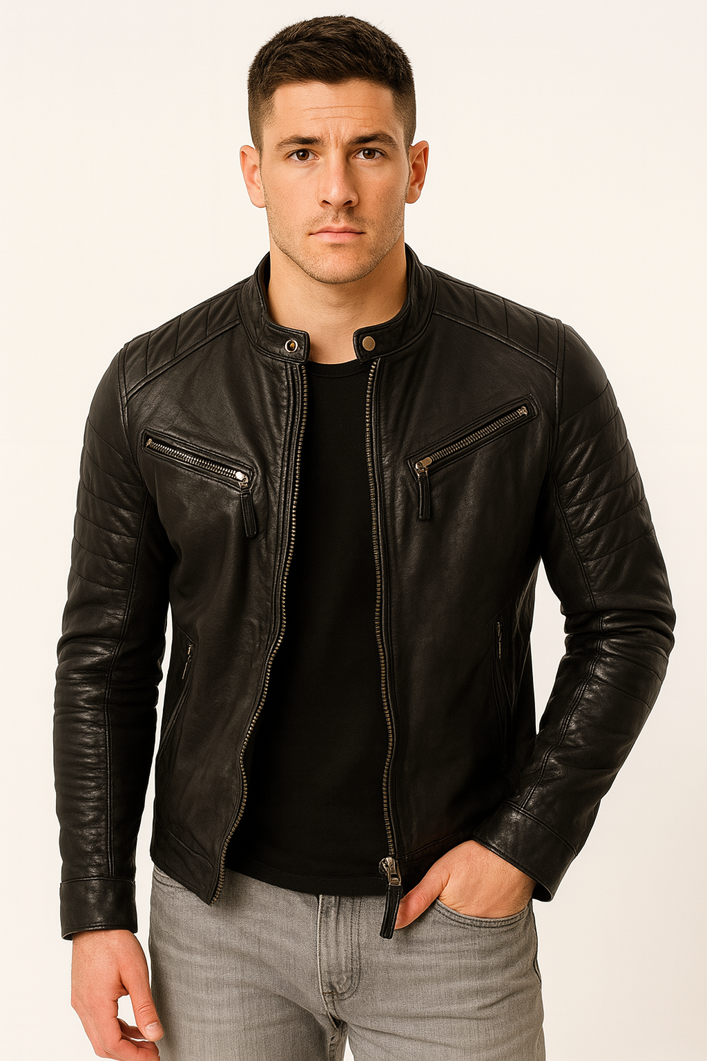 Men’s Black Biker Leather Jacket – Quilted Slim Fit Moto Style