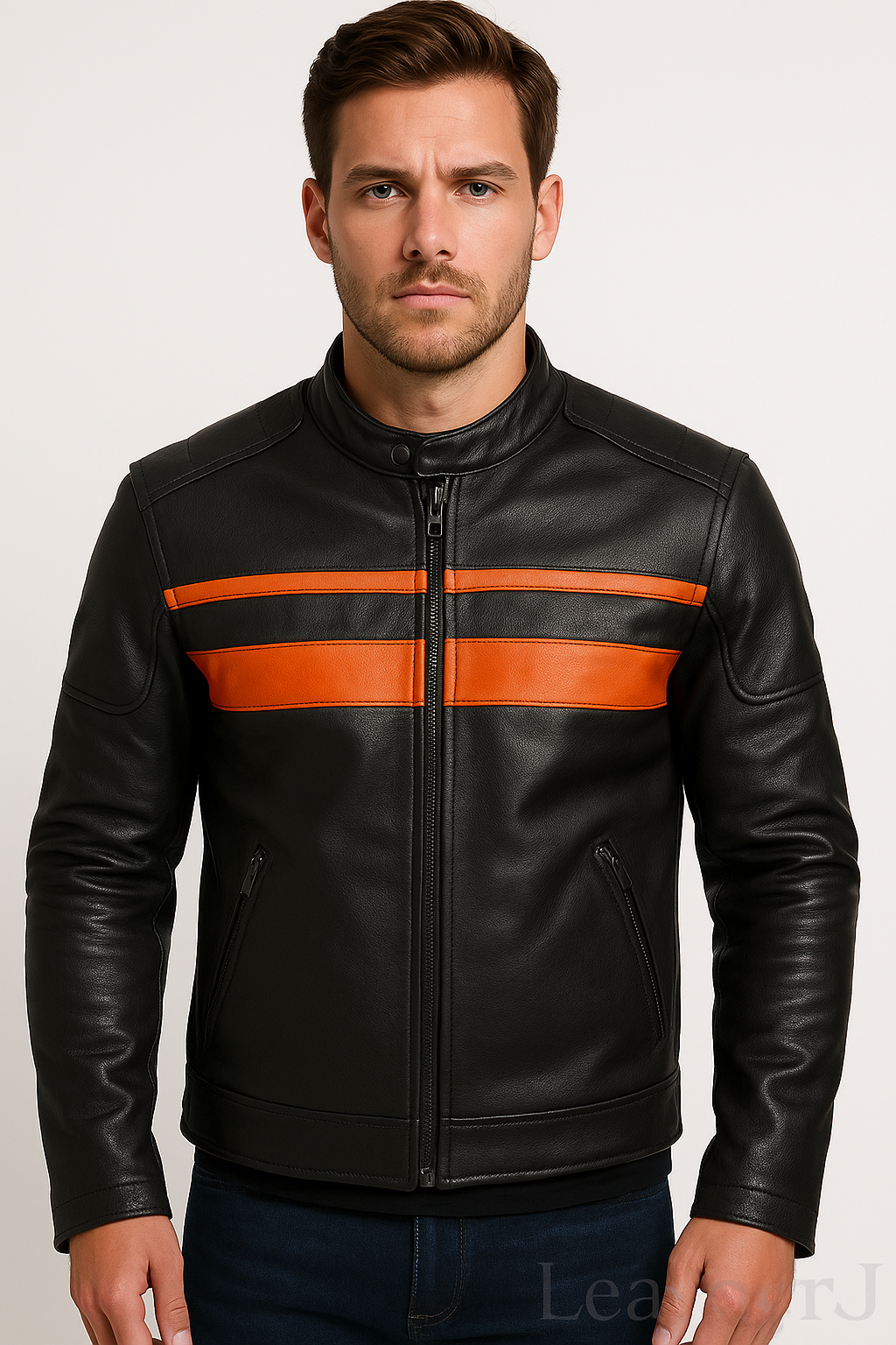 Men's Black Leather Biker Jacket – Racing Style with Orange Chest Stripes
