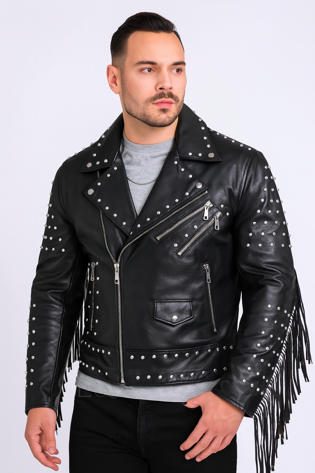 Men’s Black Leather Fringe Biker Jacket – Studded Western Moto Style