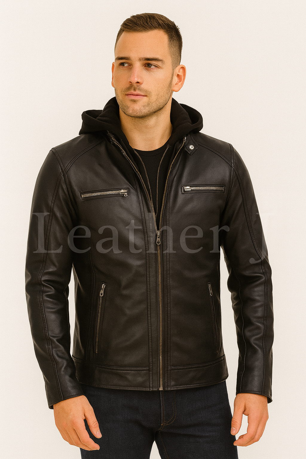 Men’s Black Leather Hooded Jacket – Real Lambskin Moto Style with Removable Hood by LeatherJ