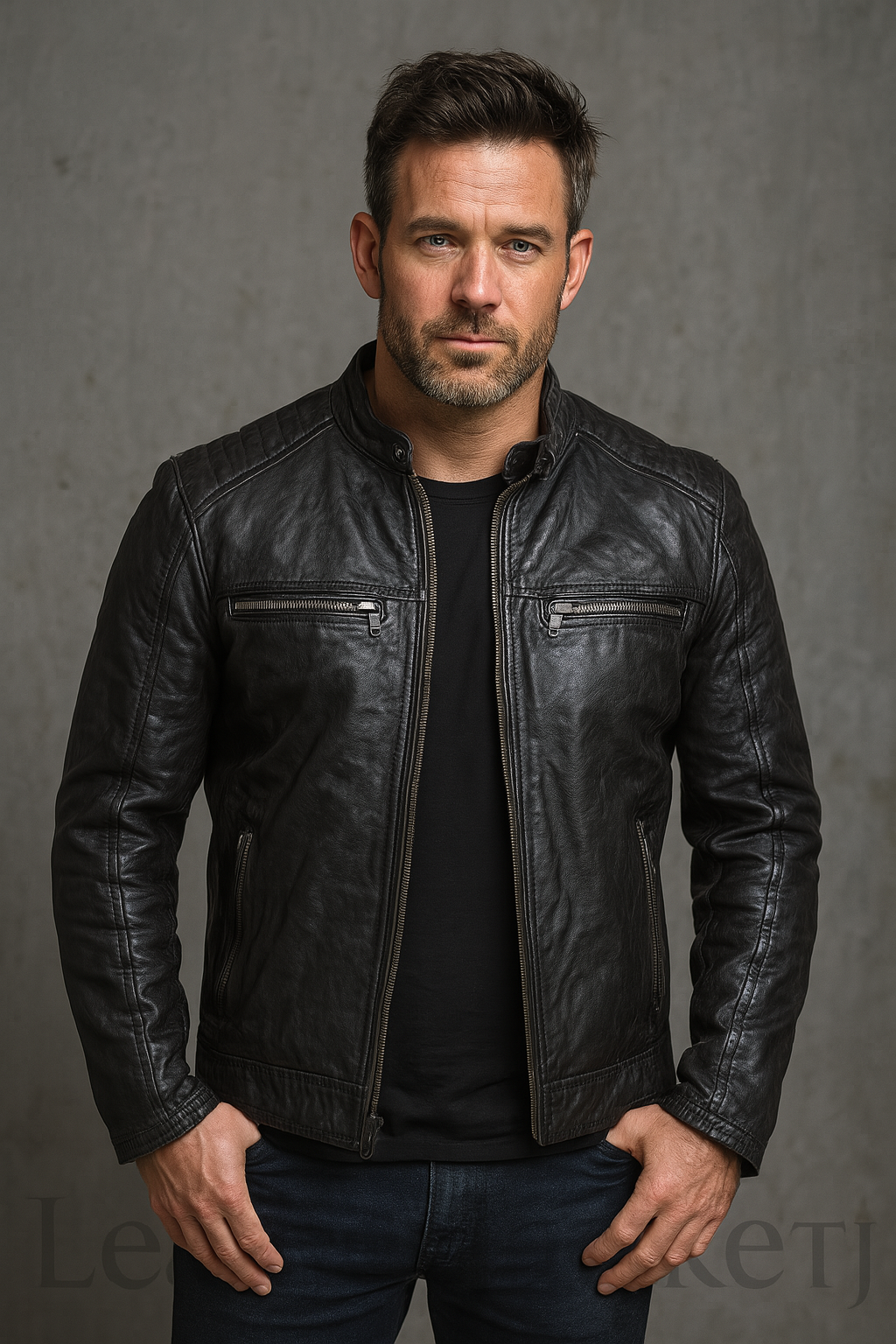 Men's Black Real Leather Biker Jacket – Distressed Moto Style with Zipper Pockets