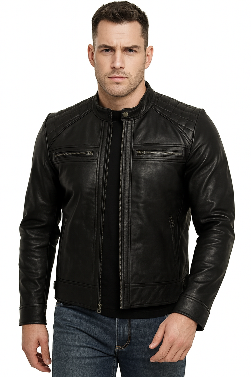 Men's Black Real Leather Biker Jacket – Quilted Shoulder Motorcycle Style