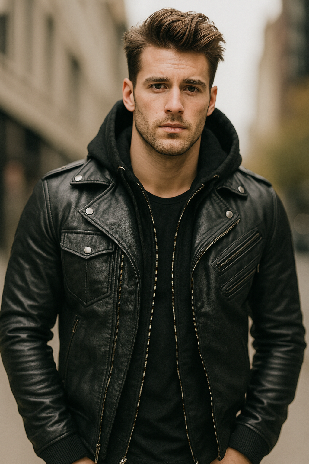 Men’s Black Real Leather Bomber Jacket with Detachable Hoodie