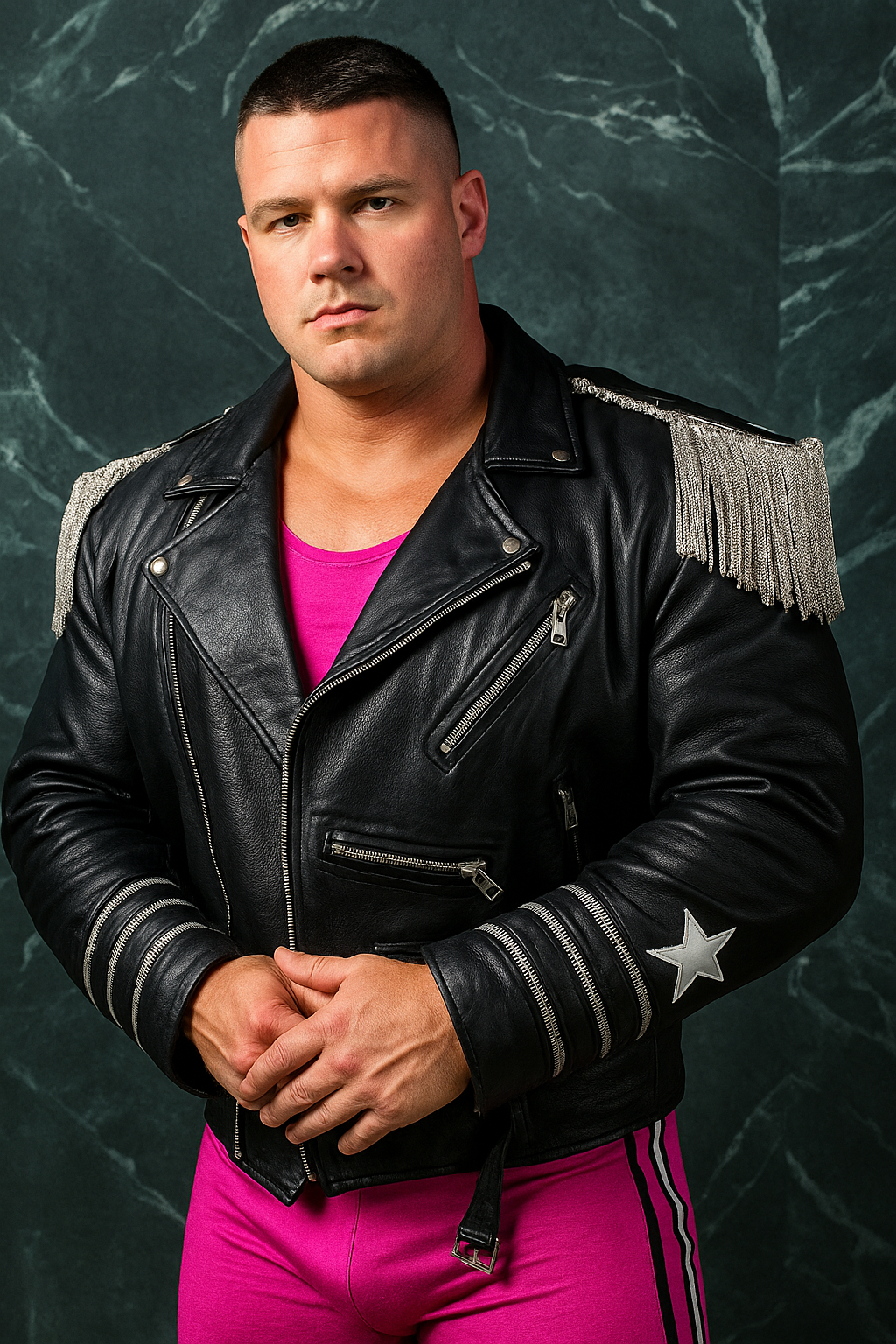 Men’s Black Real Leather Fringe Biker Jacket with Silver Epaulettes – Vintage Rockstar Style