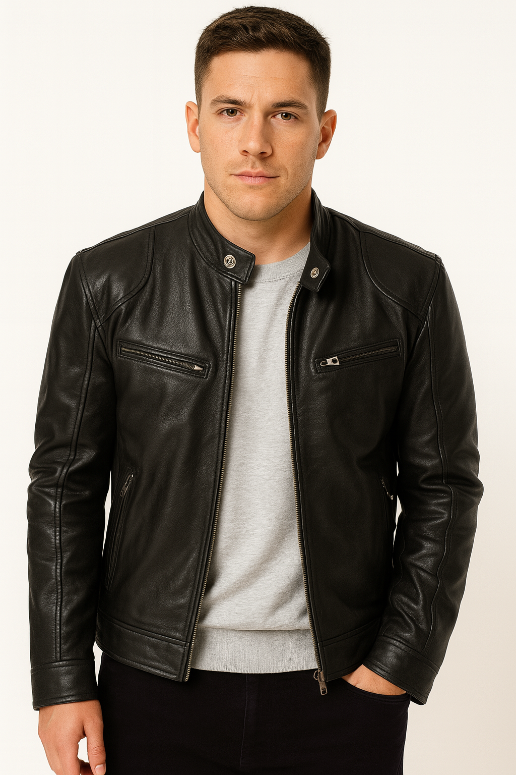 Men’s Black Real Leather Jacket – Slim Fit Stand Collar Biker Style