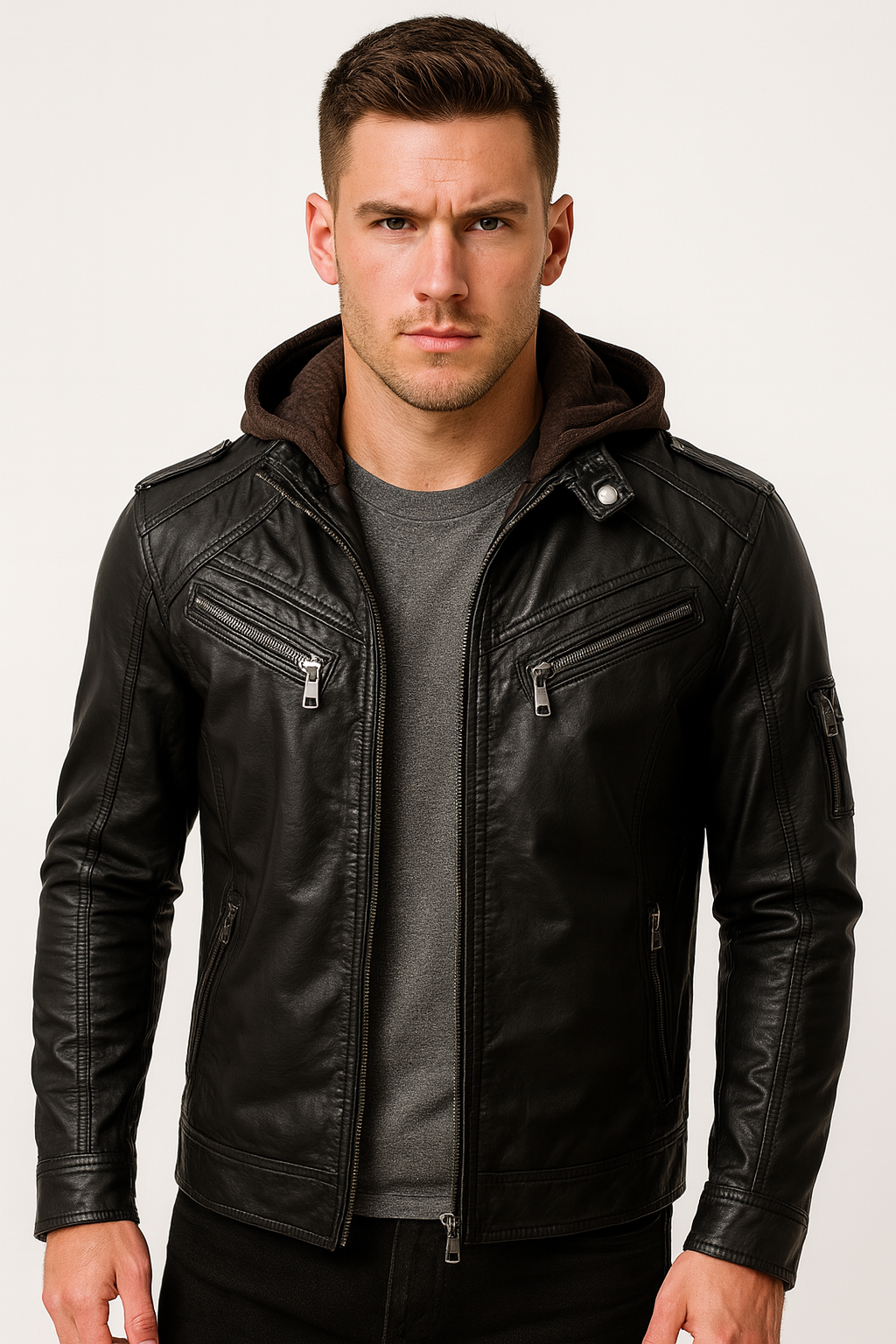 Men’s Black Real Leather Moto Jacket – Slim Fit Biker Style with Zipper Pockets
