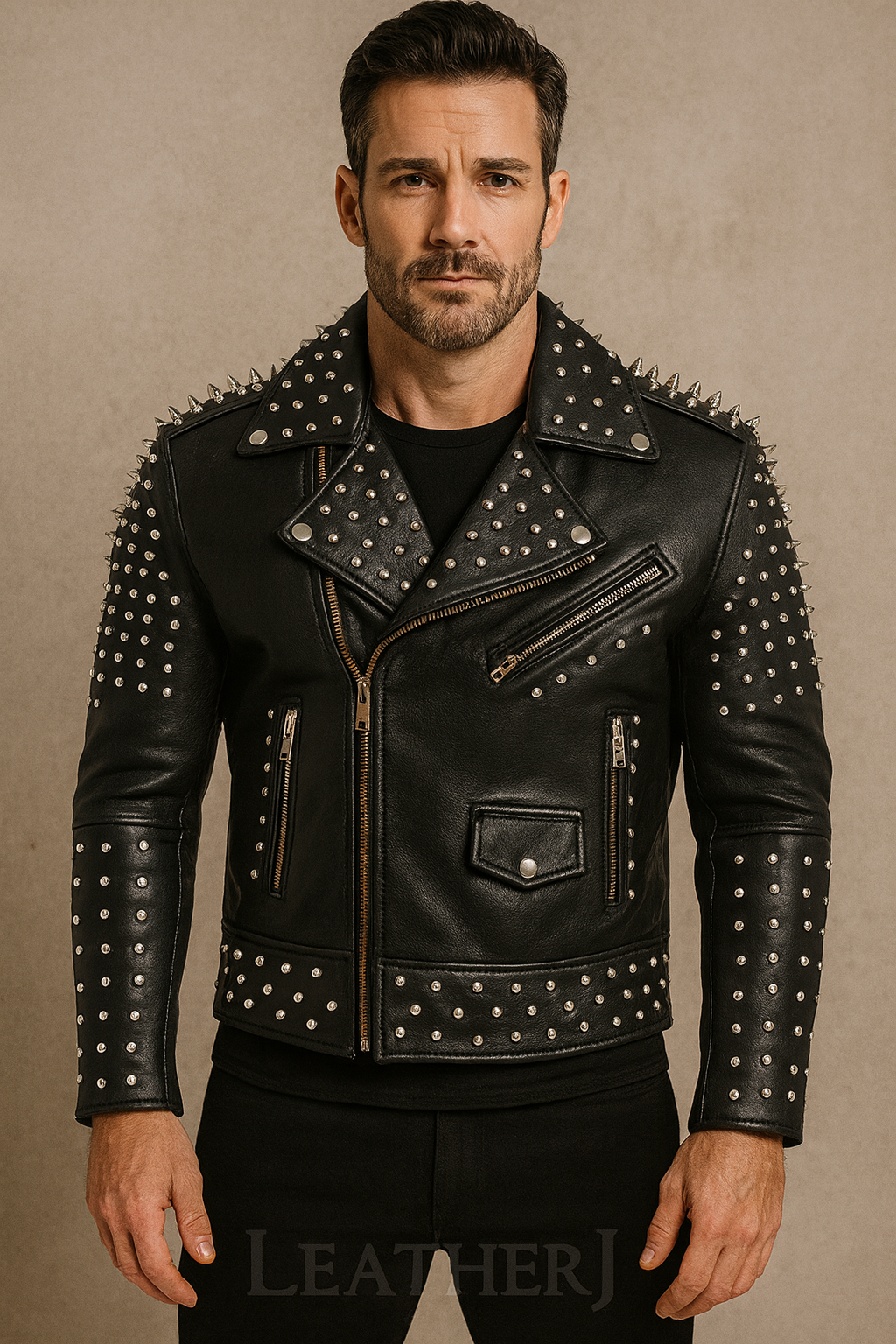 Men’s Black Studded Leather Biker Jacket – Punk Rock Moto Jacket with Silver Rivets