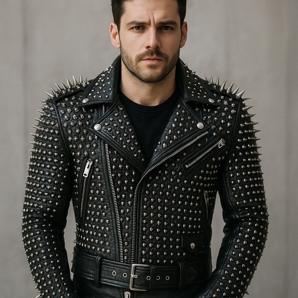 Men’s Black Studded Leather Biker Jacket – Spiked Punk Rock Moto Style