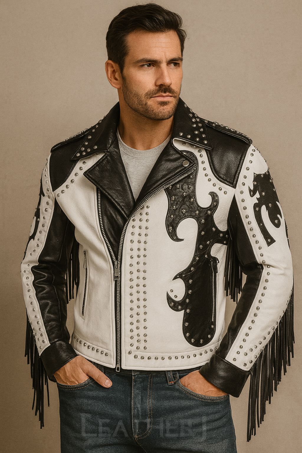 Men’s Black & White Leather Fringe Biker Jacket – Western Studded Rock Style