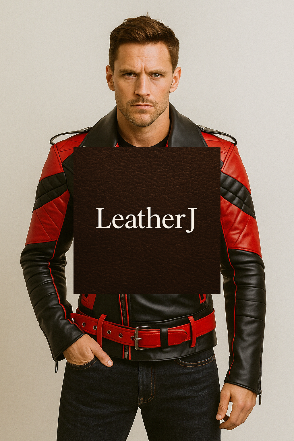Men’s Black and Red Leather Biker Jacket – Real Leather Moto Jacket with Quilted Design and Belted Waist