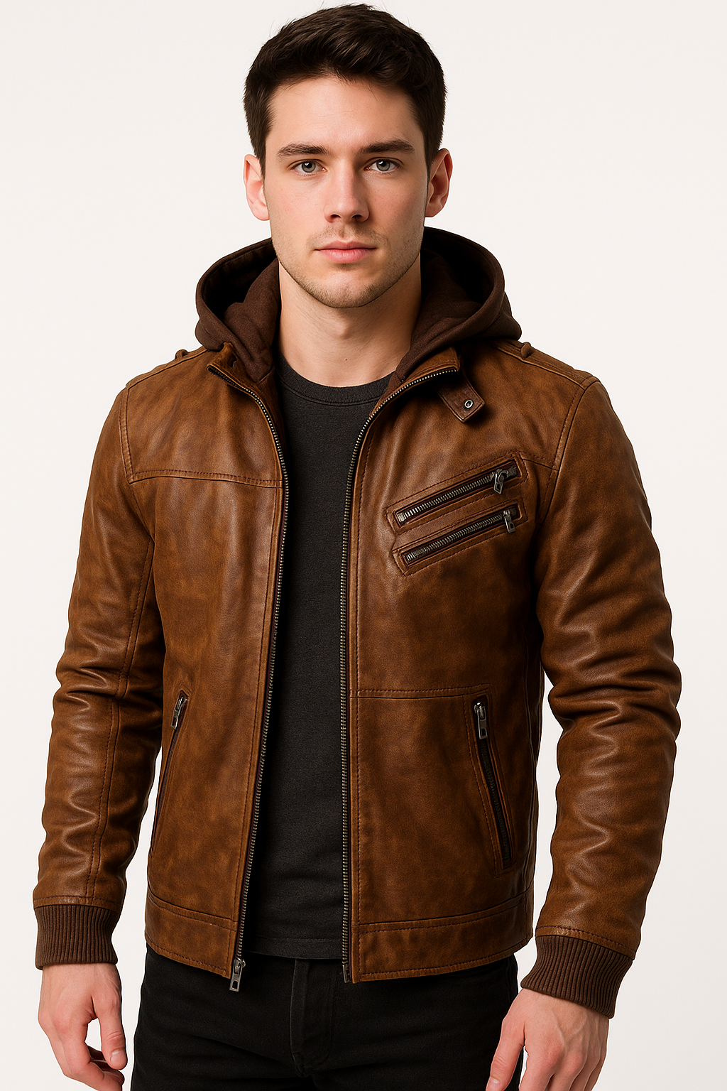 Men’s Brown Hooded Leather Jacket – Real Cowhide Bomber Style with Removable Hoodie