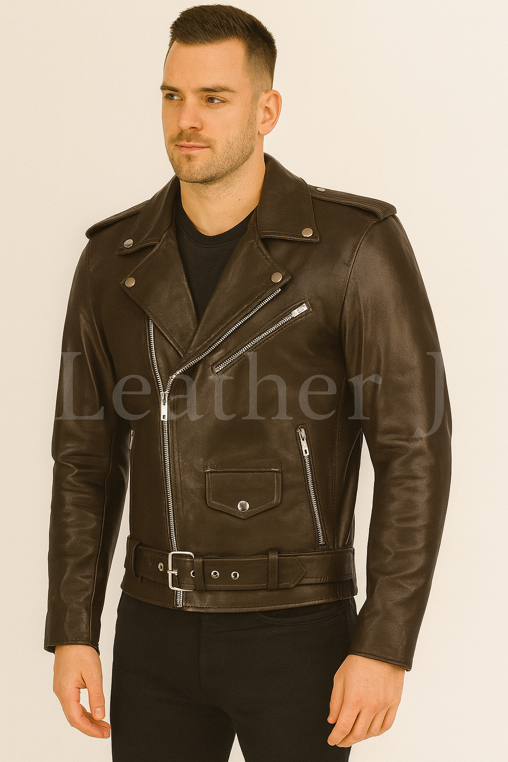 Men’s Brown Leather Biker Jacket – Real Cowhide Motorcycle Style with Belted Waist by LeatherJ