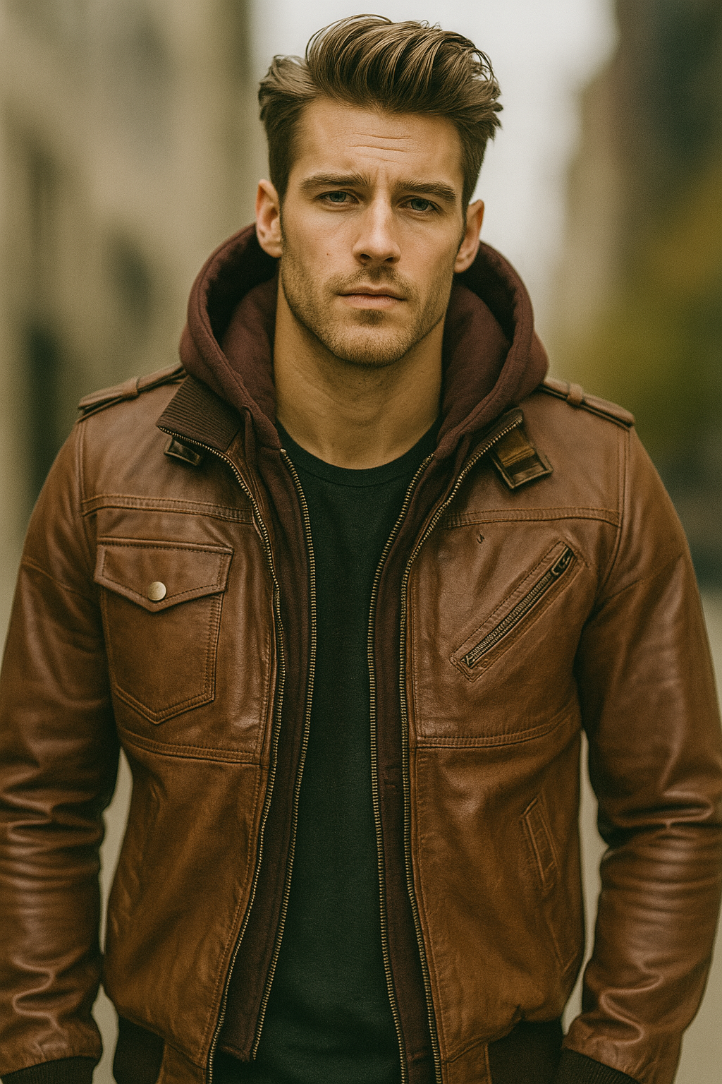 Men's Brown Real Leather Jacket with Burgundy Hoodie – Classic Bomber Biker Style