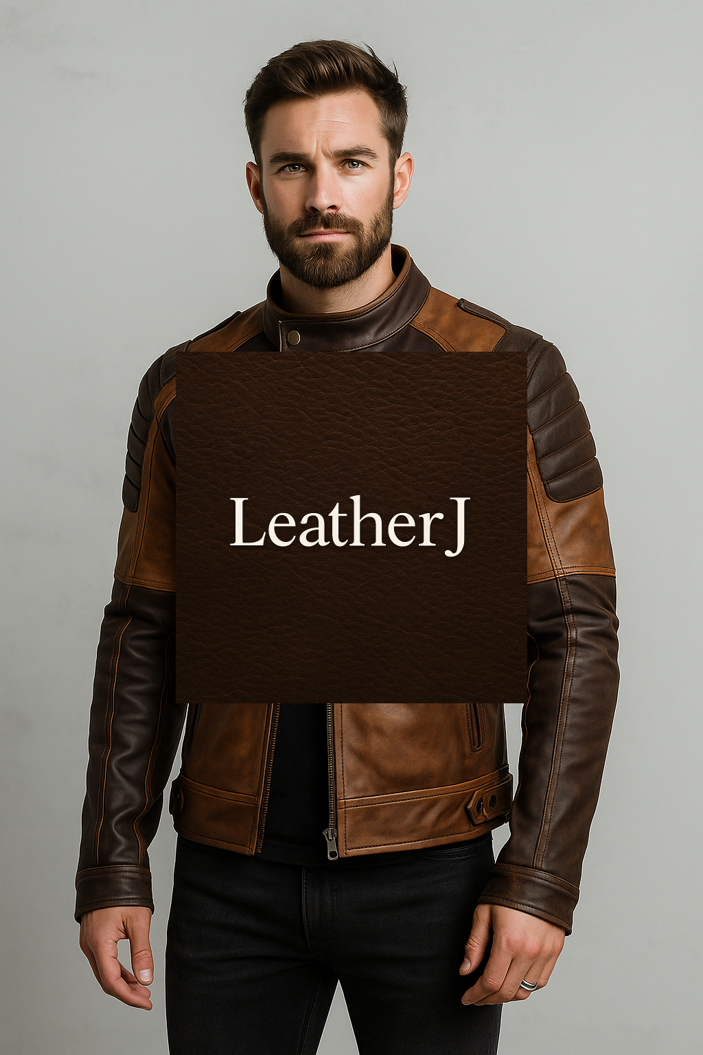 Men’s Brown and Black Two-Tone Leather Biker Jacket – Padded Shoulders & Zipper Pockets