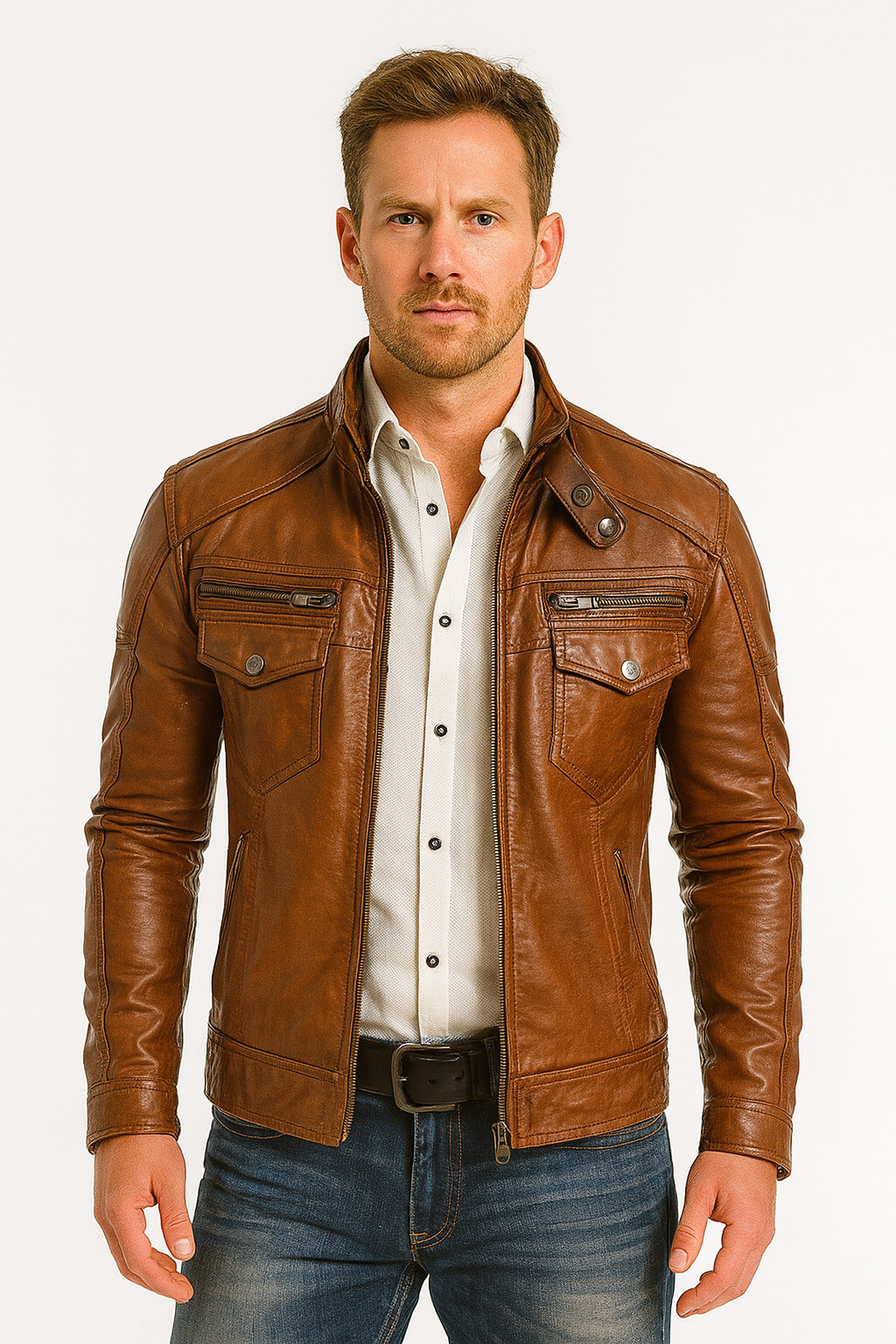 Men’s Caramel Brown Real Leather Jacket with Front Flap Pockets and Zipper Closure