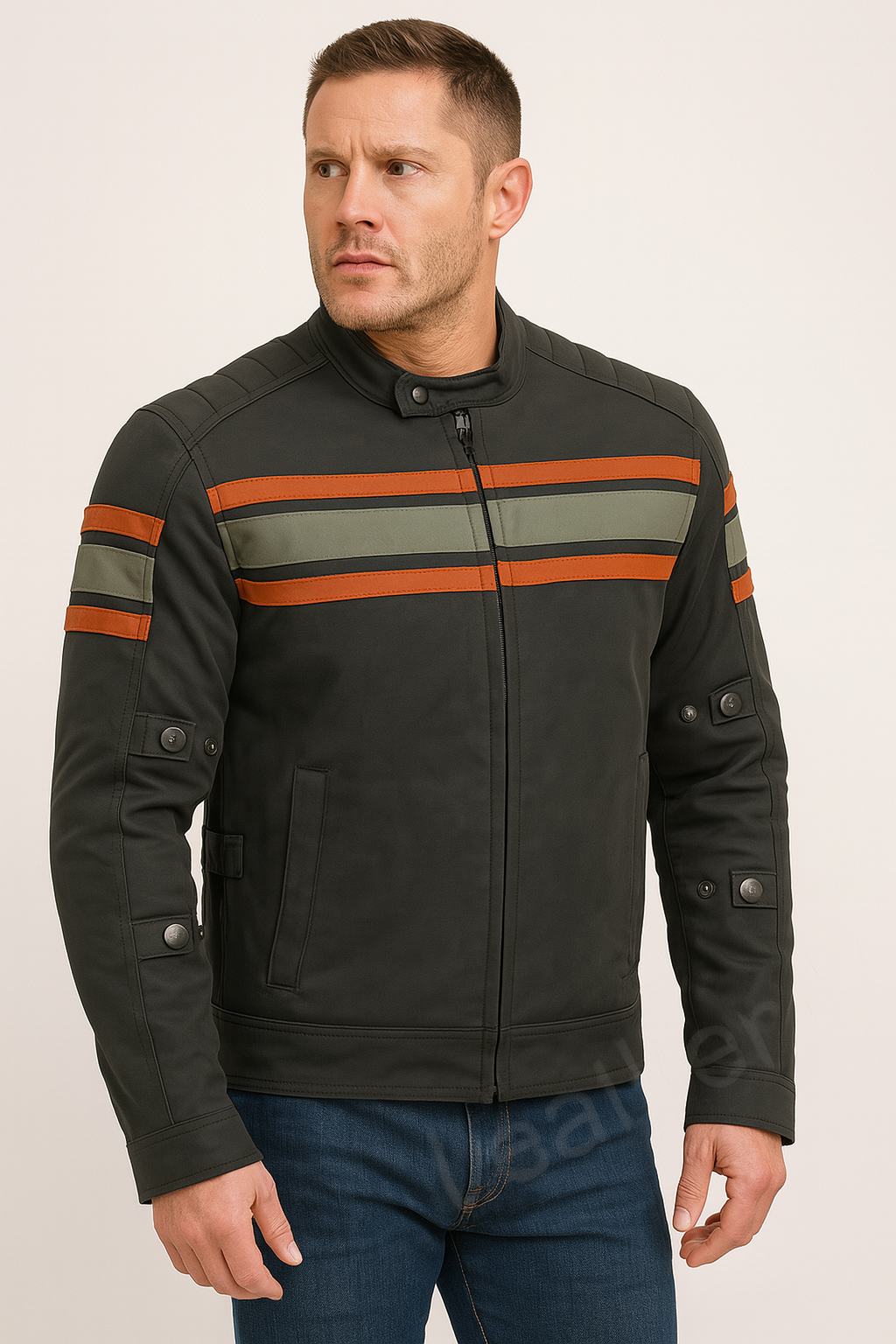 Men’s Charcoal Black Leather Racer Jacket – Vintage Motorcycle Style with Orange & Olive Stripes