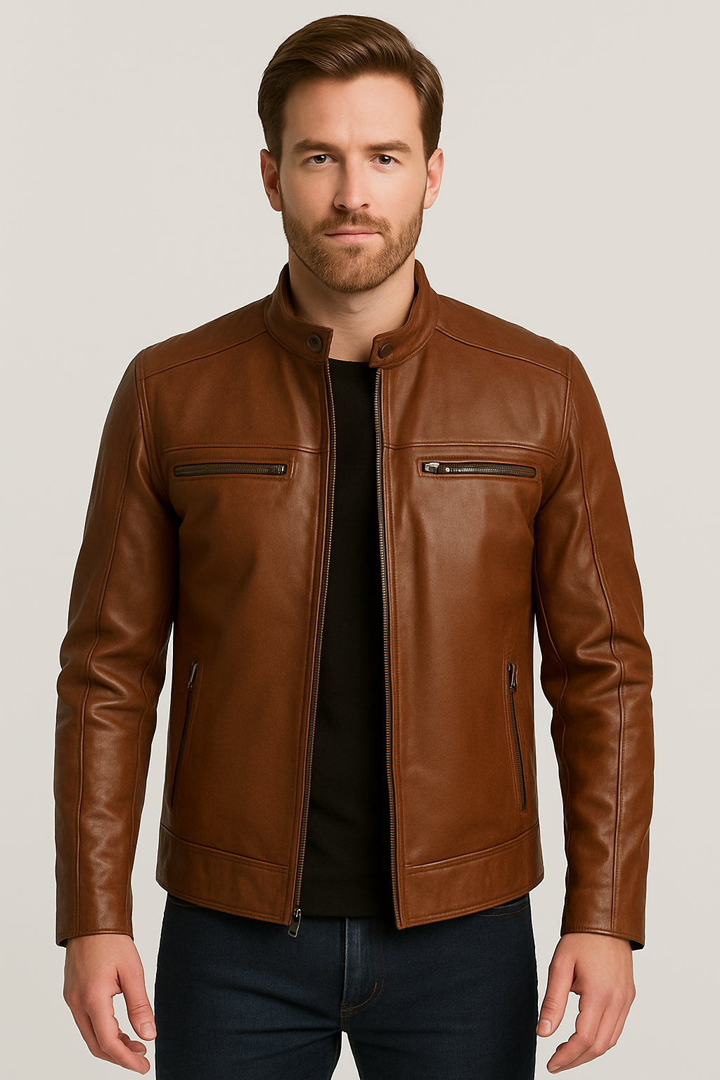 Men’s Chestnut Brown Real Leather Jacket with Stand Collar and Zipper Pockets