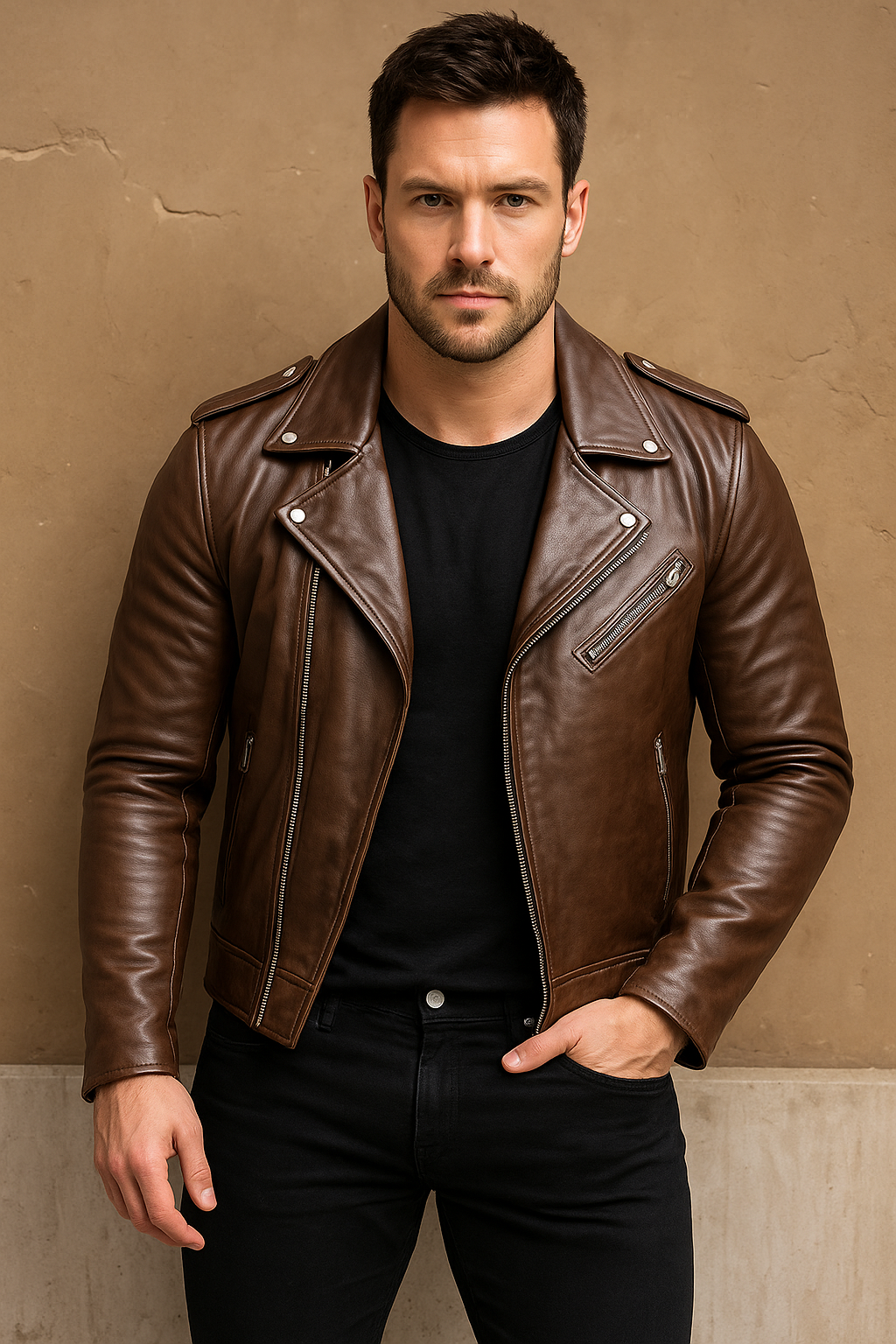 Men’s Chocolate Brown Real Leather Biker Jacket
