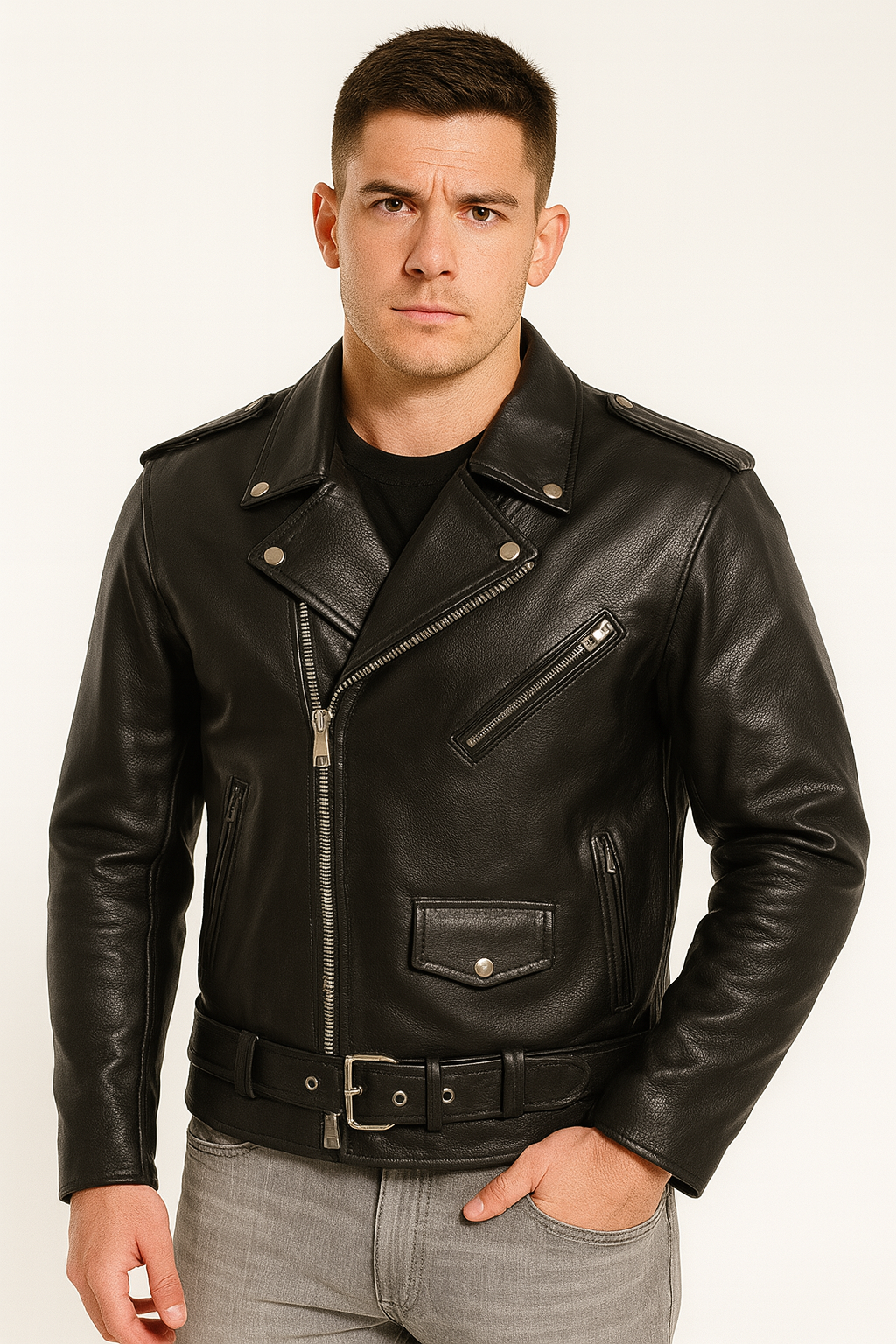Men’s Classic Black Leather Motorcycle Jacket – Heavy-Duty Biker Style with Belt & Epaulets