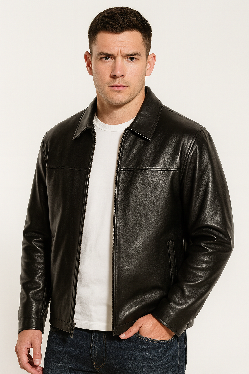 Men’s Classic Black Real Leather Jacket – Slim Fit Bomber Style for Casual & Semi-Formal Wear