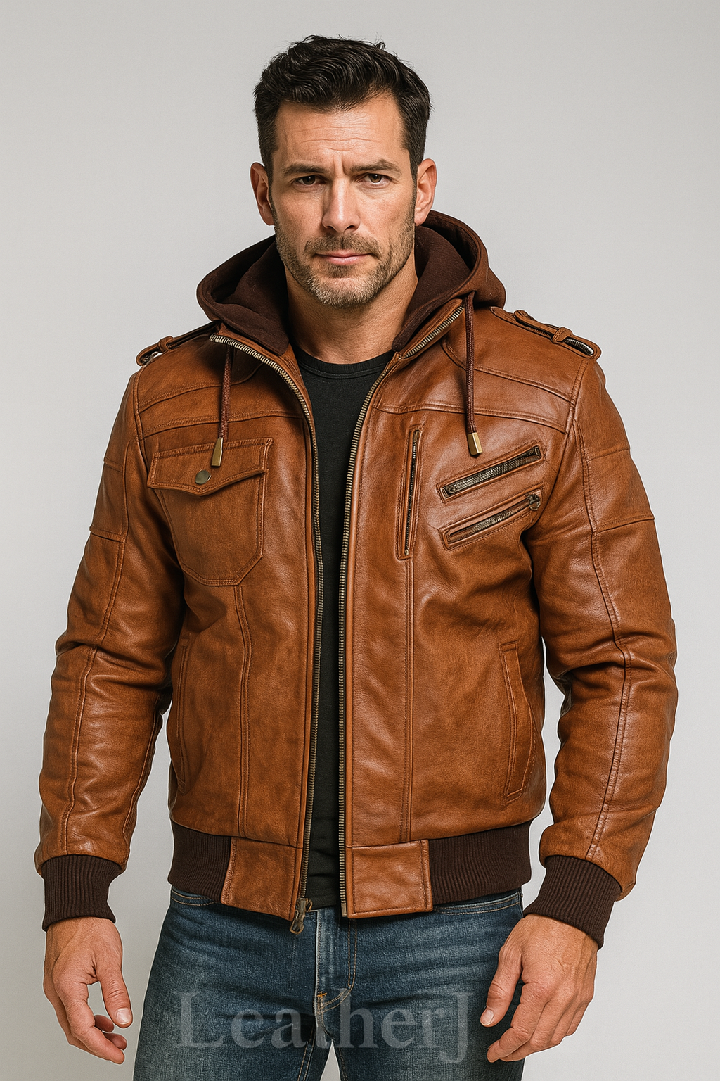 Men’s Cognac Brown Real Leather Bomber Jacket with Hood – Multi-Pocket Biker Style