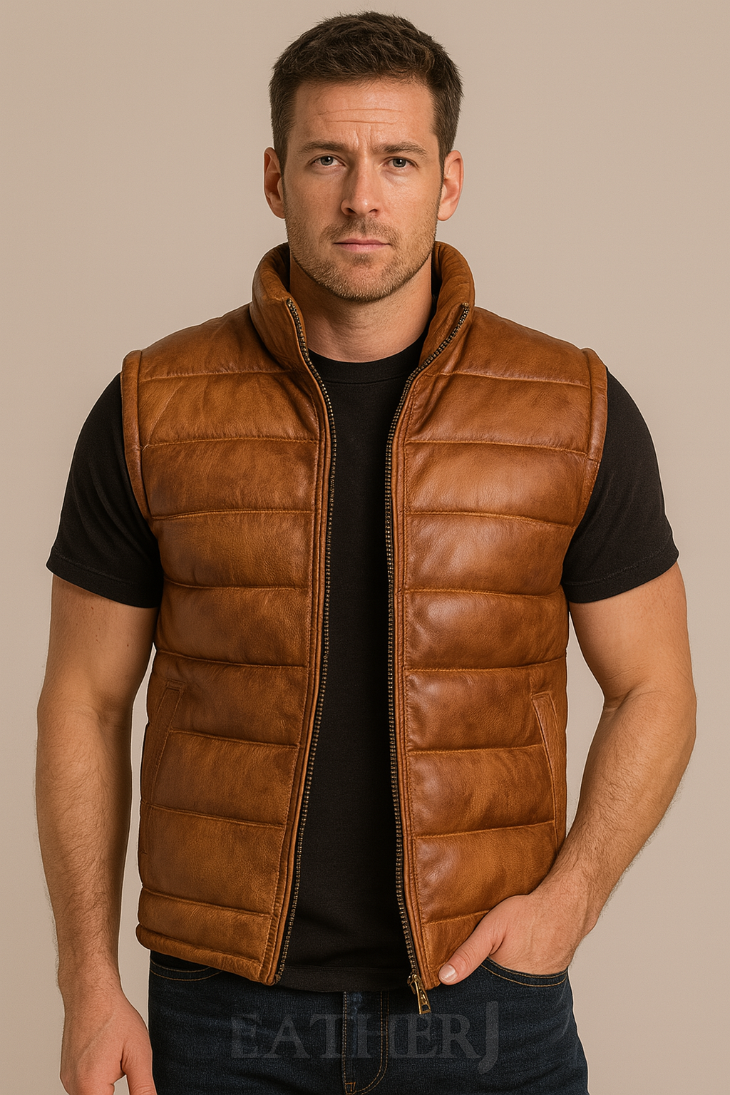 Men’s Cognac Brown Real Leather Puffer Vest – Sleeveless Quilted Biker Style