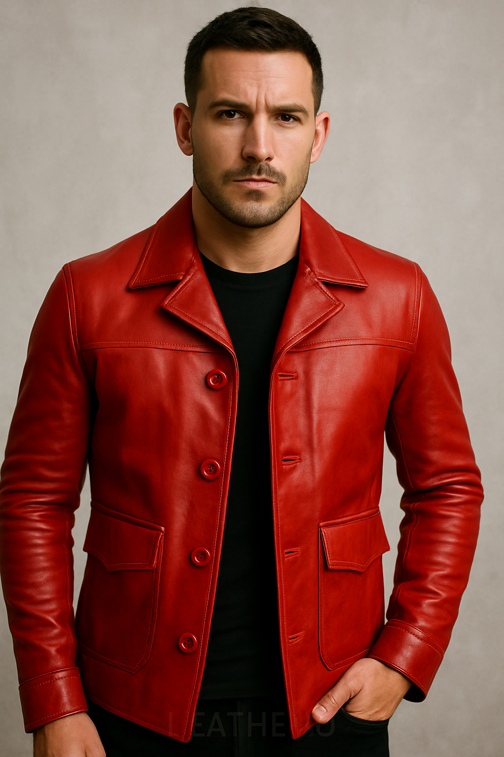Men’s Crimson Red Leather Button-Up Jacket – Classic Slim Fit Real Leather Coat