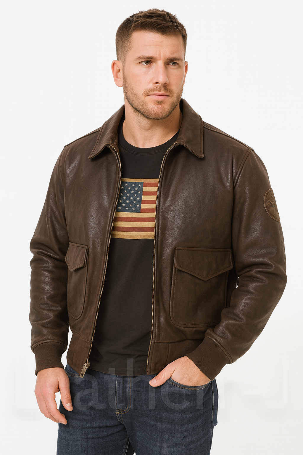 Men’s Dark Brown Leather Bomber Jacket – Air Force A-2 Flight Style with Flag Lining by LeatherJ