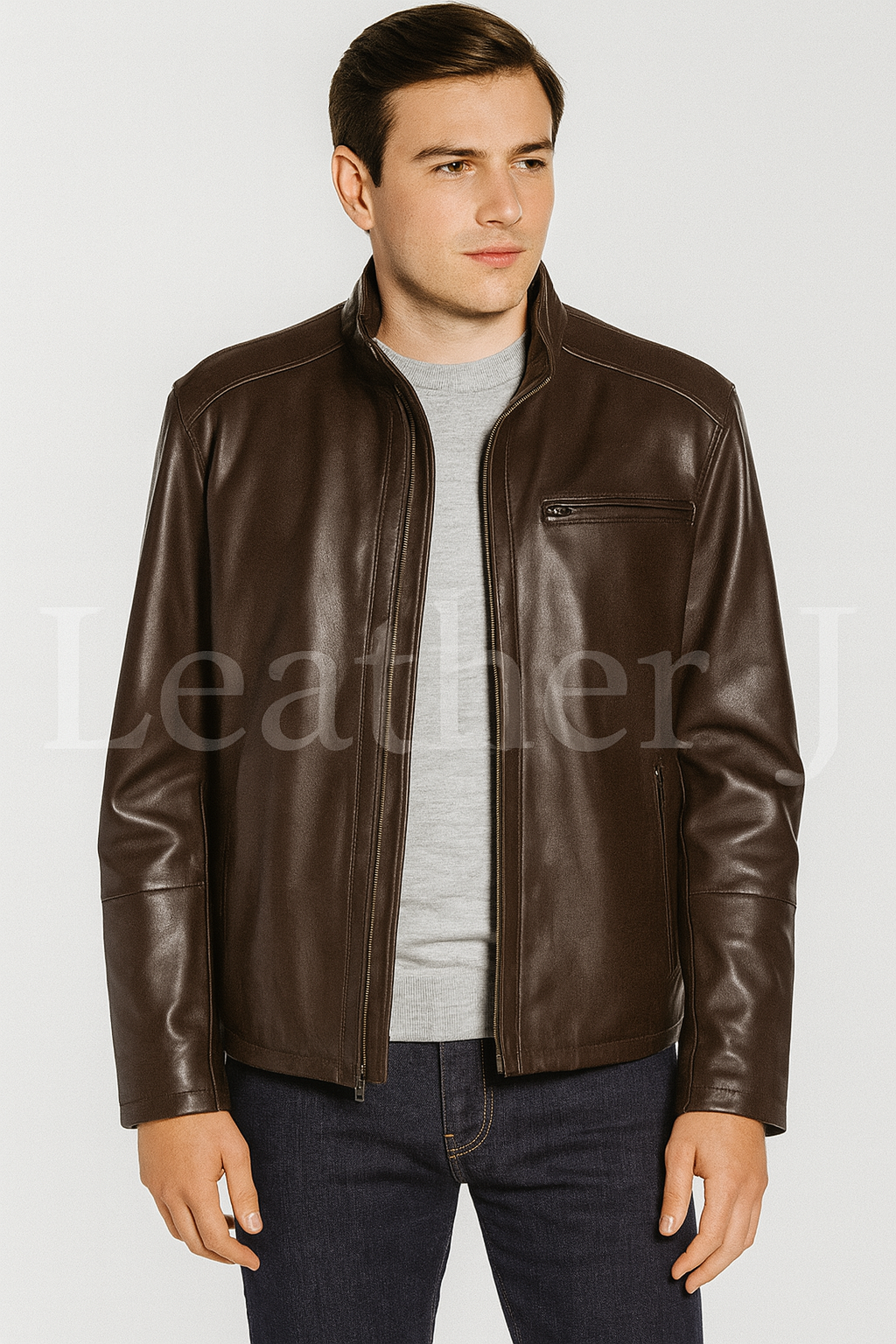 Men’s Dark Brown Leather Jacket – Classic Real Leather Stand Collar Zip-Up by LeatherJ