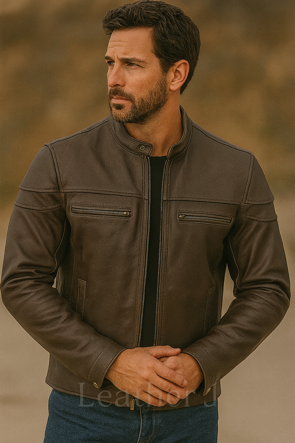 Men’s Dark Brown Real Leather Biker Jacket – Cafe Racer Style with Zippered Pockets