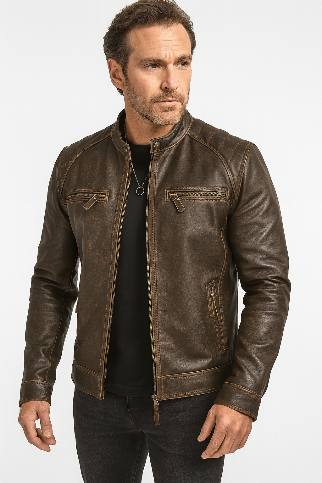 Men’s Dark Brown Real Leather Biker Jacket – Quilted Shoulder Vintage Style