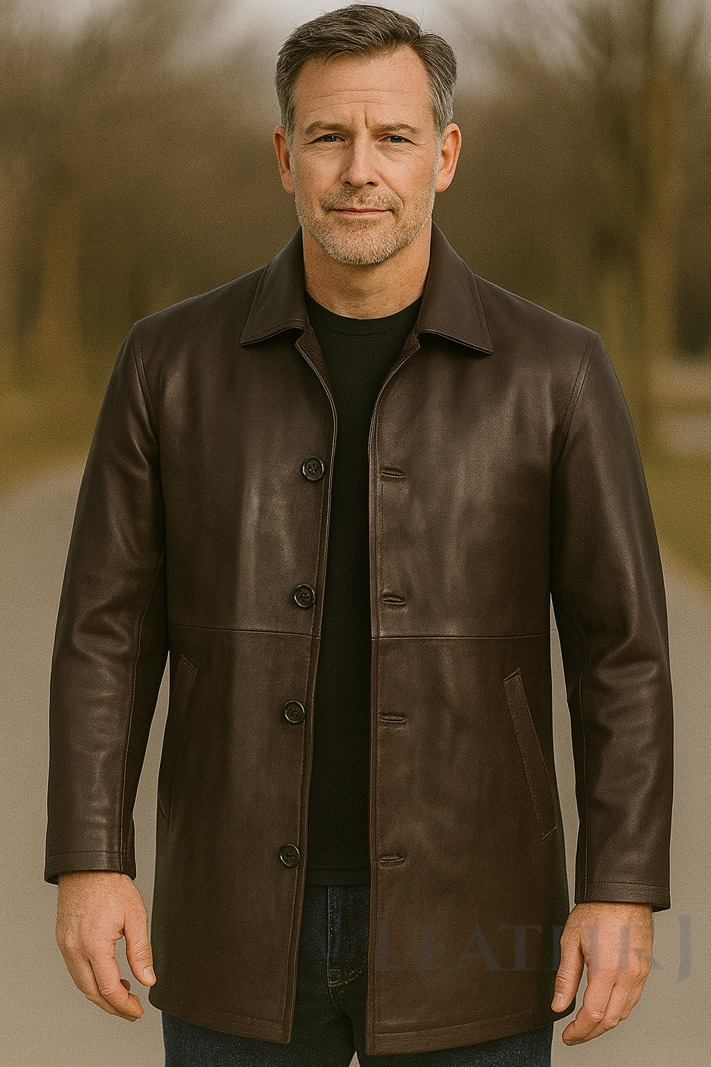 Men's Dark Brown Real Leather Car Coat – Classic Mid-Length Button-Up Jacket
