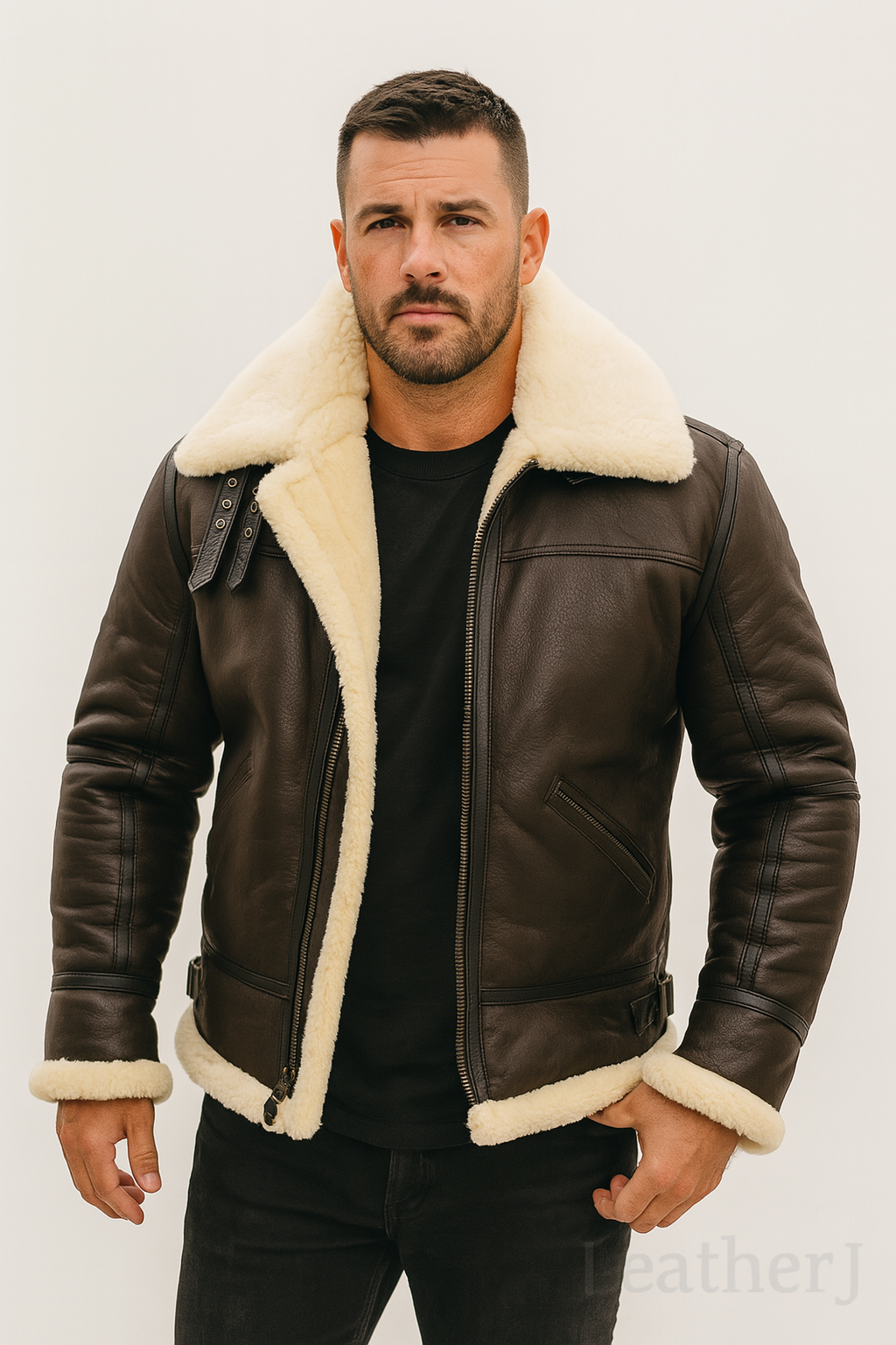 Men’s Dark Brown Shearling Leather Aviator Jacket – Real Leather B3 Bomber Style