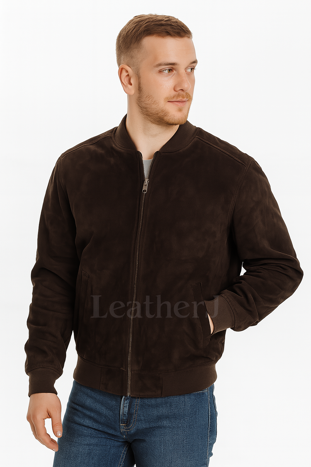 Men’s Dark Brown Suede Bomber Jacket – Real Leather Casual Zip-Up by LeatherJ