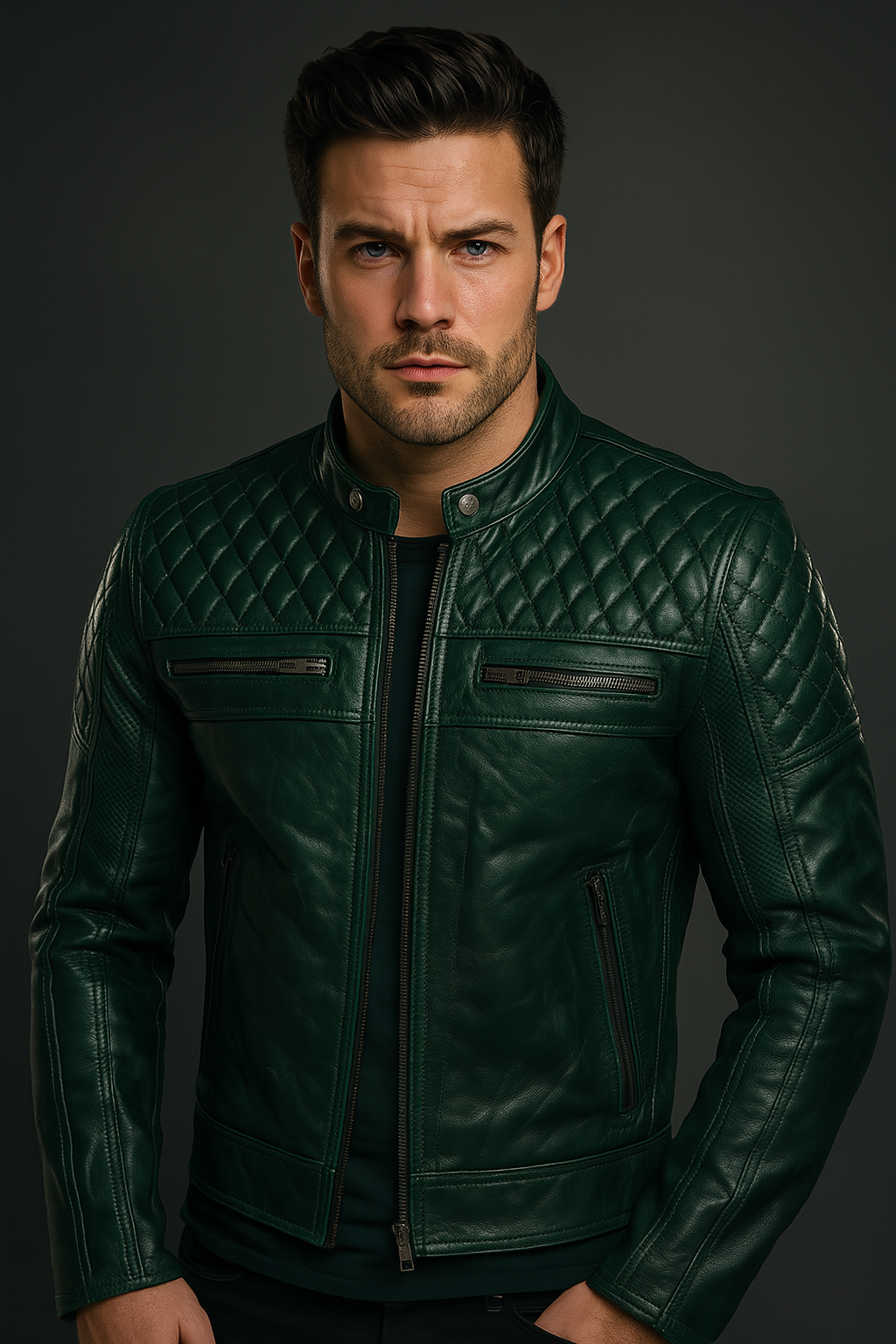 Men’s Dark Green Quilted Biker Real Leather Jacket – Premium Slim Fit Moto Style