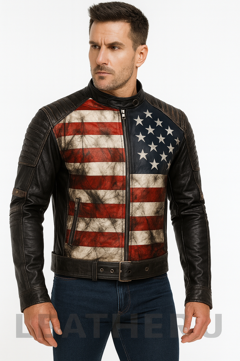Men’s Distressed Black Leather Biker Jacket – USA Flag Patriotic Motorcycle Jacket
