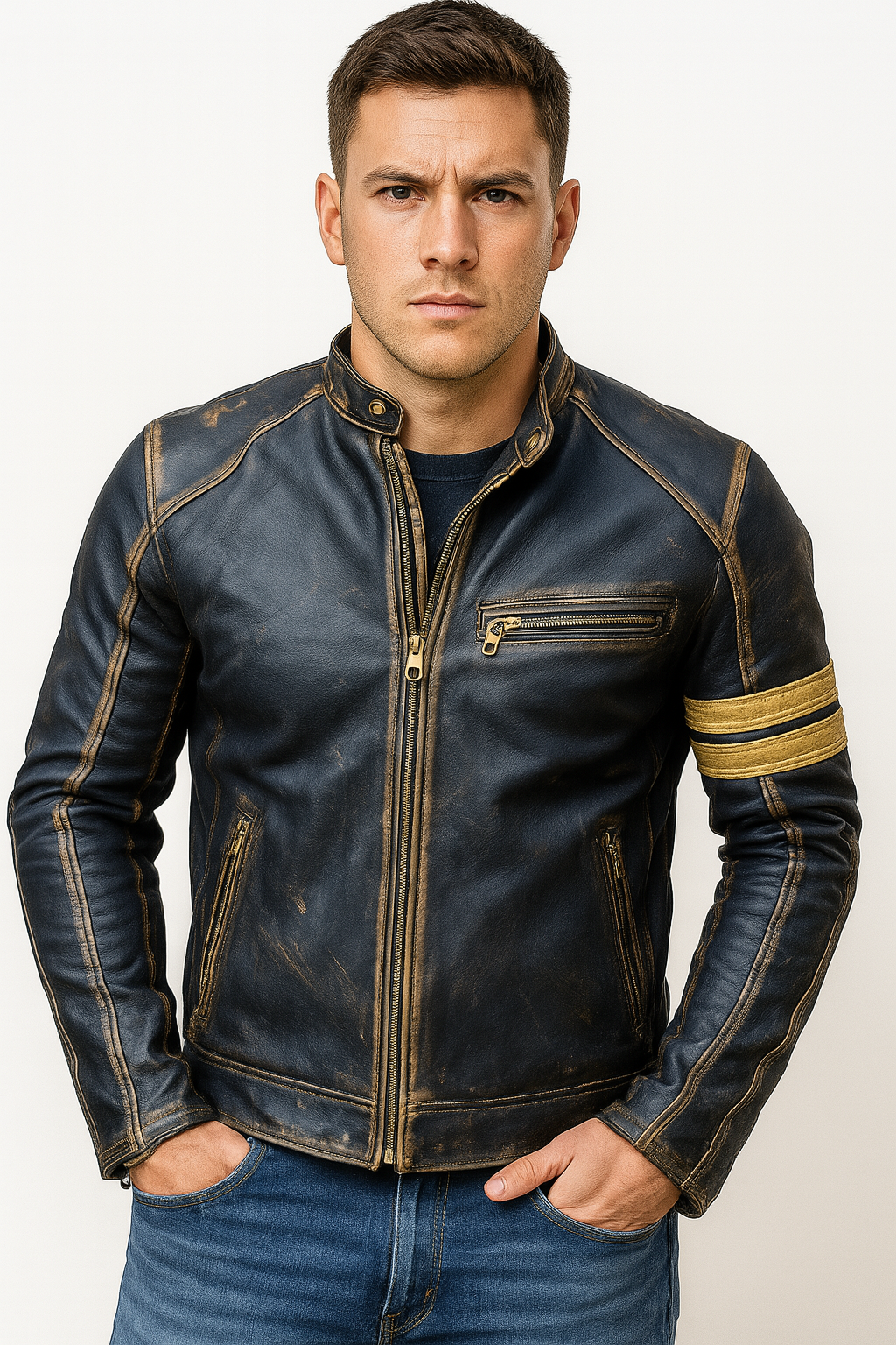 Men’s Distressed Black Leather Café Racer Jacket – Vintage Biker Style with Yellow Arm Stripe
