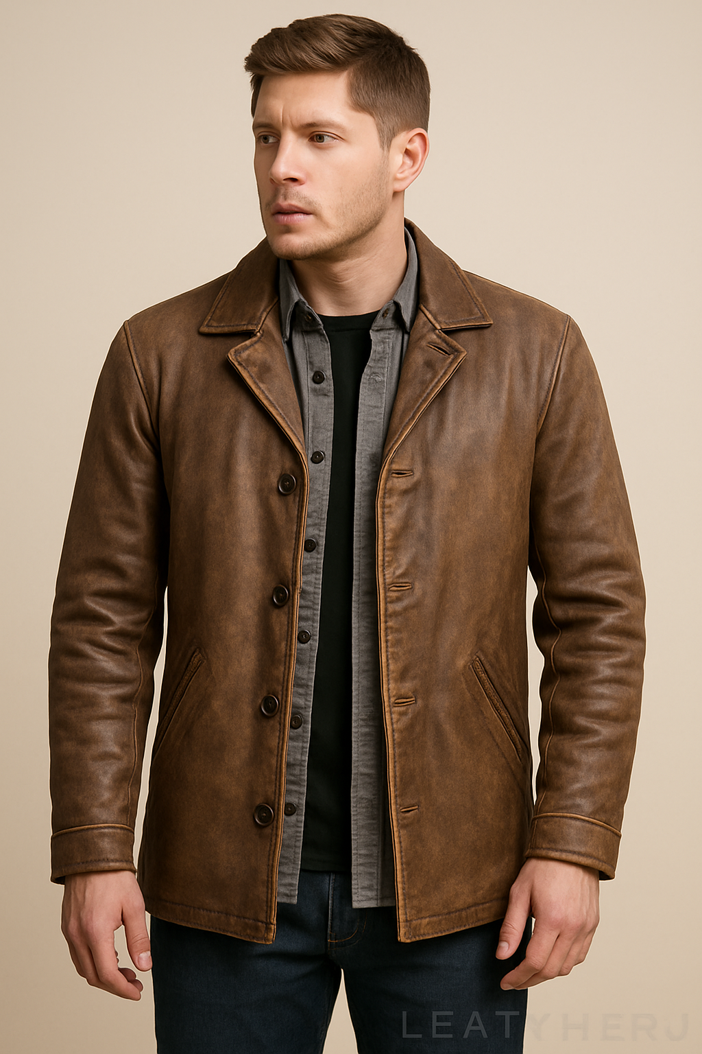 Men’s Distressed Brown Leather Jacket – Vintage Style Long Coat with Button Closure