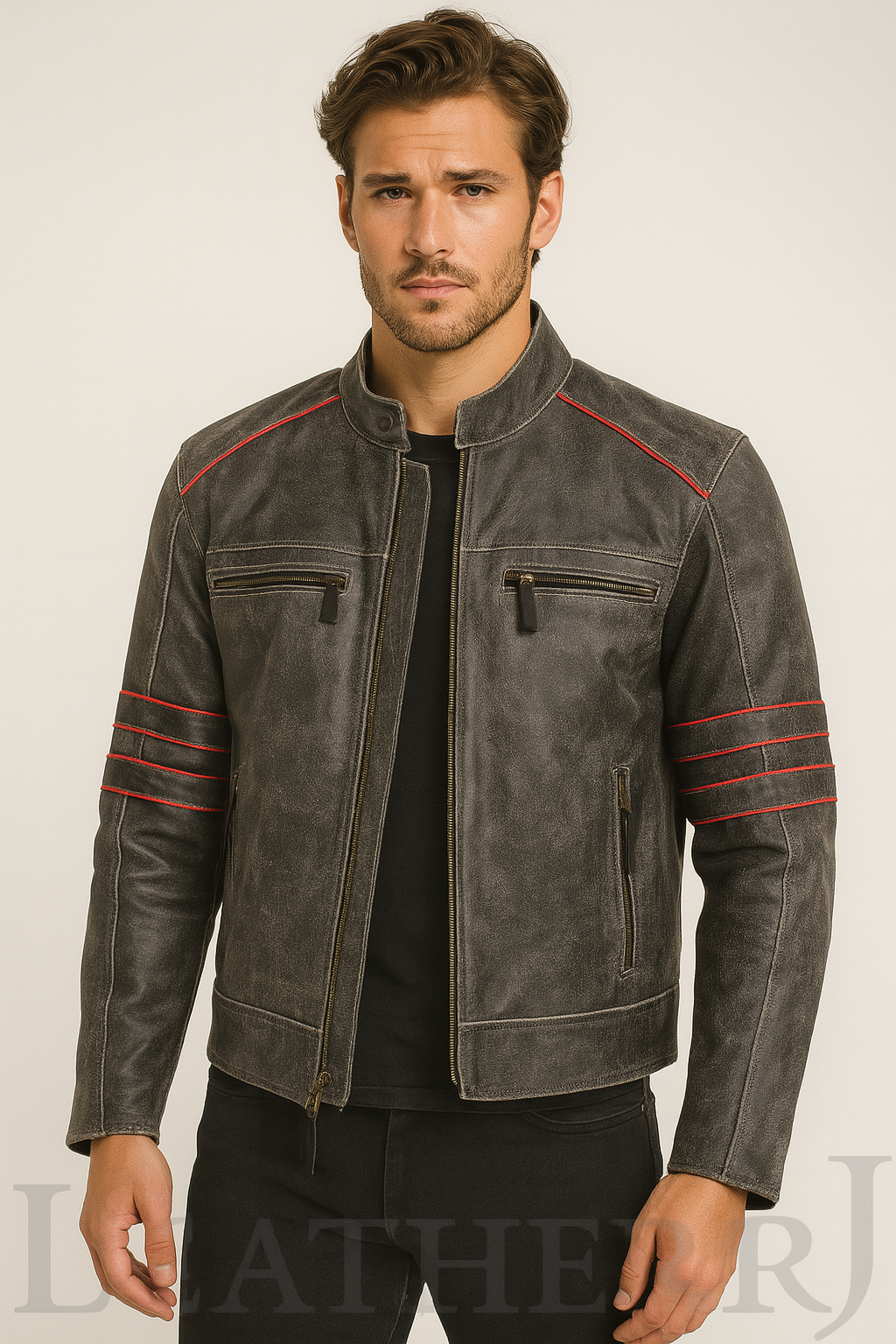 Men’s Distressed Charcoal Gray Leather Biker Jacket – Red Stripe Moto Style