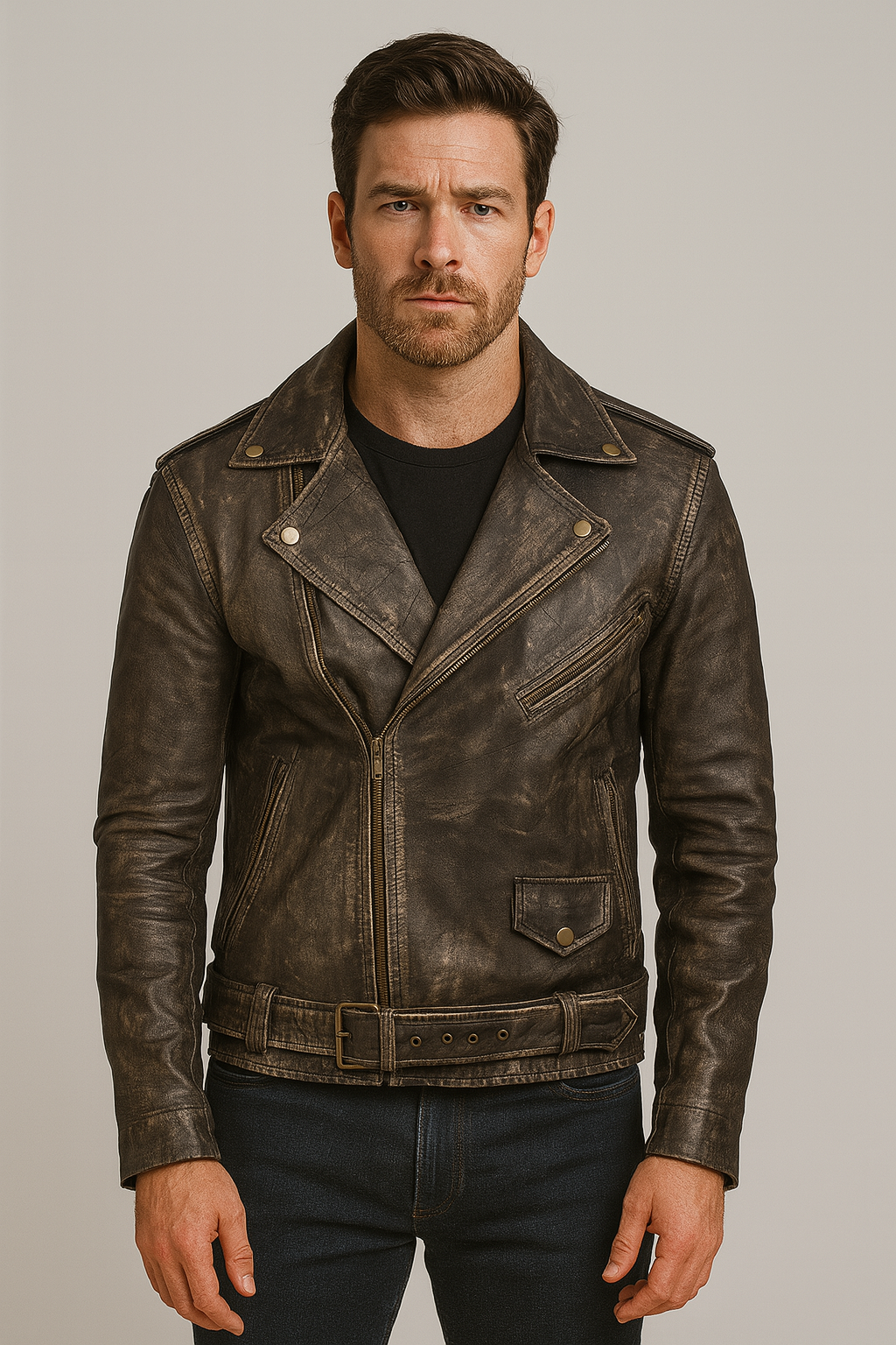 Men’s Distressed Dark Brown Real Leather Biker Jacket