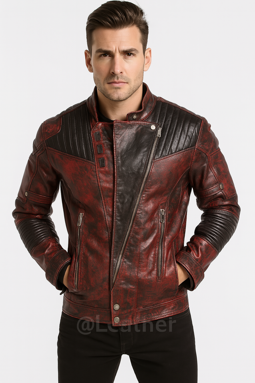 Men's Distressed Red and Black Real Leather Biker Jacket – Vintage Moto Style