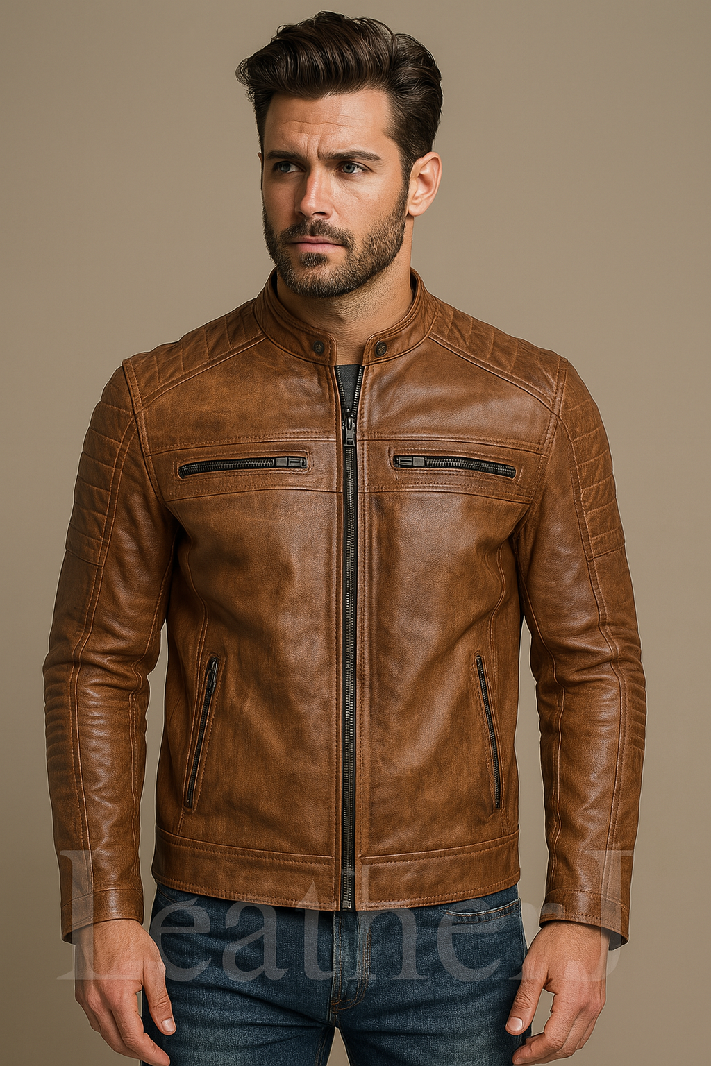 Men's Distressed Tan Brown Leather Biker Jacket – Real Cowhide Café Racer Style