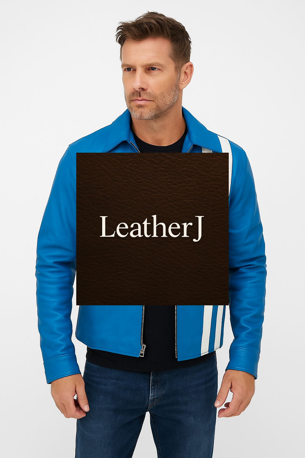 Men's Electric Blue Real Leather Jacket with White Racing Stripes – Retro Style Slim Fit Outerwear
