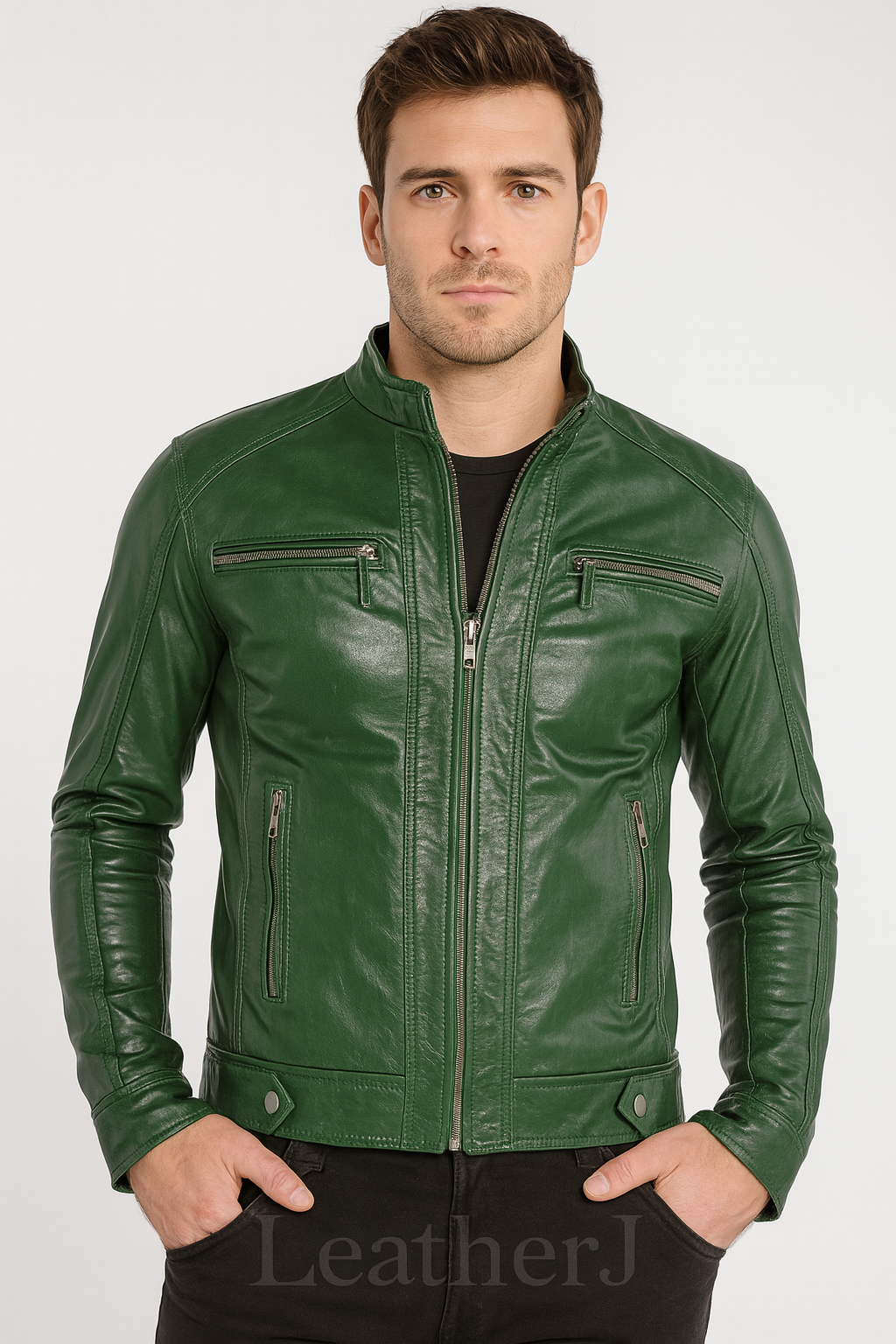 Men's Forest Green Slim Fit Real Leather Biker Jacket – Stylish Moto Design with Zipper Pockets