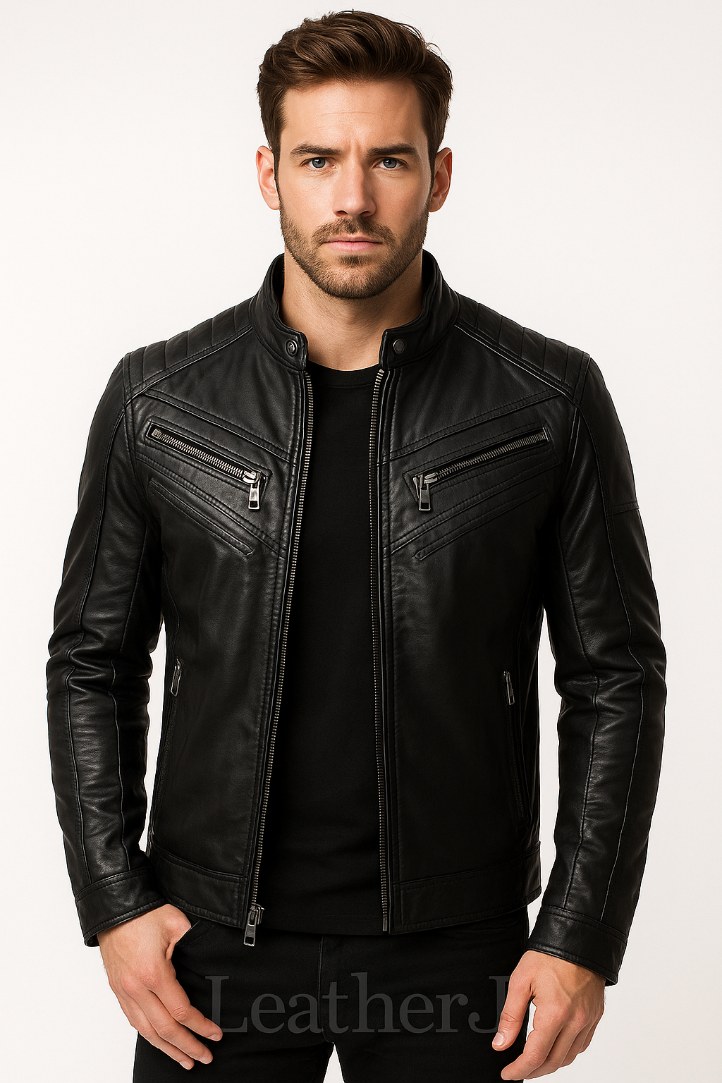 Men’s Jet Black Real Leather Biker Jacket – Slim Fit Moto Style with Zipper Pockets by LeatherJ