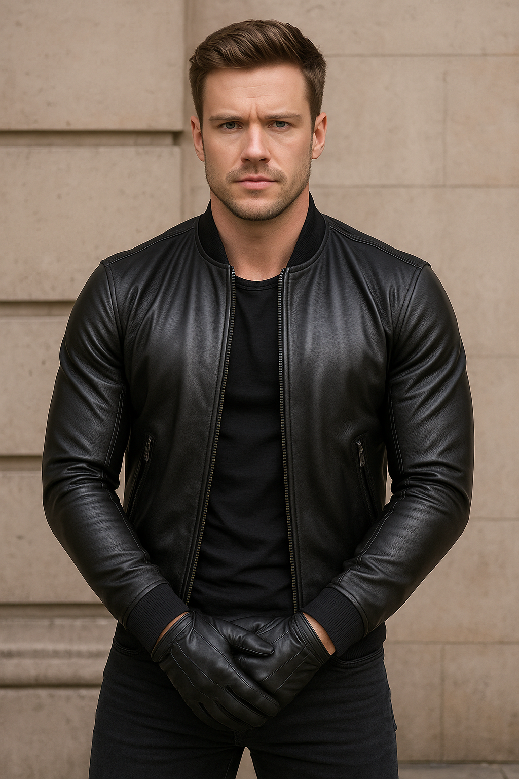 Men's Jet Black Real Leather Bomber Jacket – Slim Fit, Stylish Streetwear Look