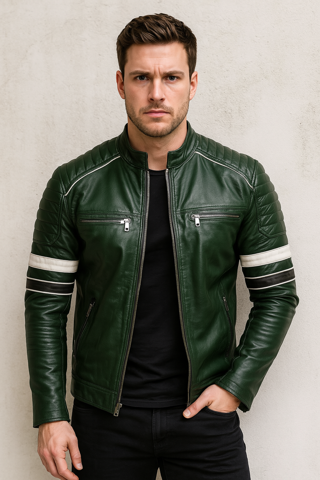 Men's Military Green Leather Biker Jacket with White and Black Arm Stripes – Real Lambskin Moto Style