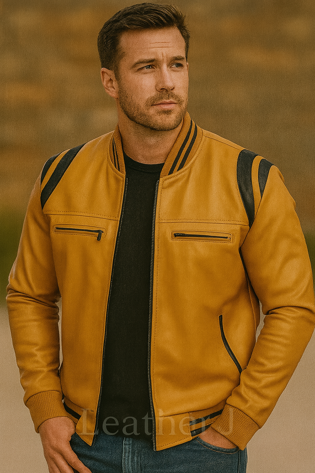Men’s Mustard Yellow Leather Bomber Jacket – Black Striped Varsity Style
