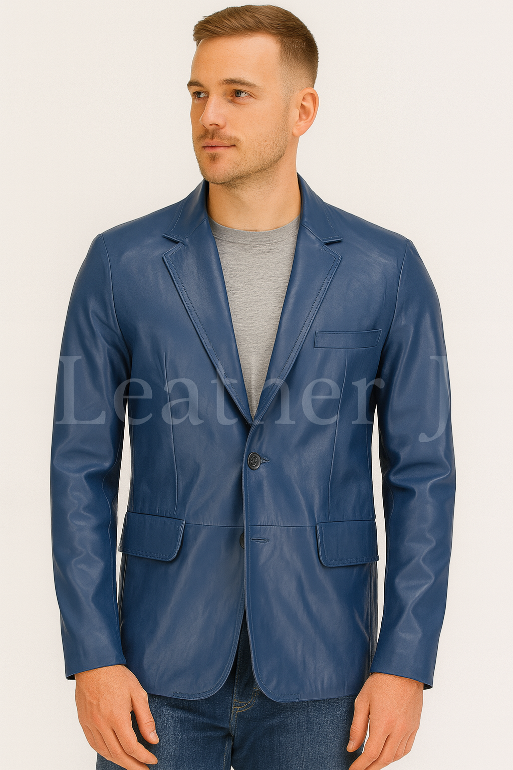 Men’s Navy Blue Leather Blazer – Real Lambskin 2-Button Formal Casual Jacket by LeatherJ